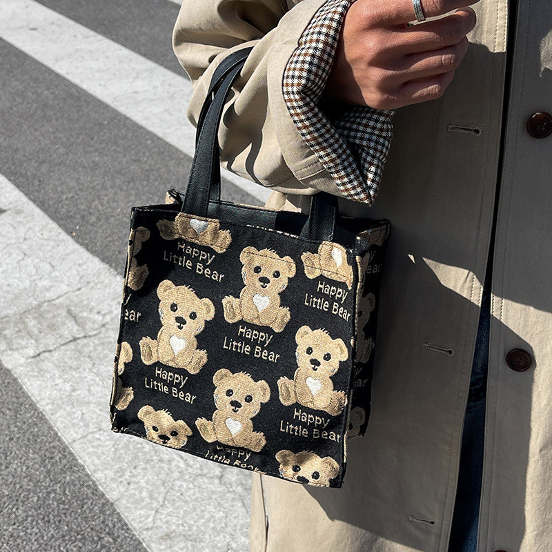 Cute Mini Canvas Tote Bag for Women with Small Teddy Bear Design