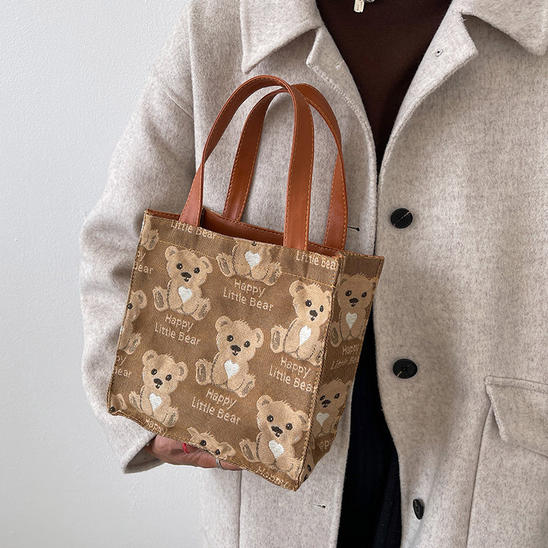 Cute Mini Canvas Tote Bag for Women with Small Teddy Bear Design