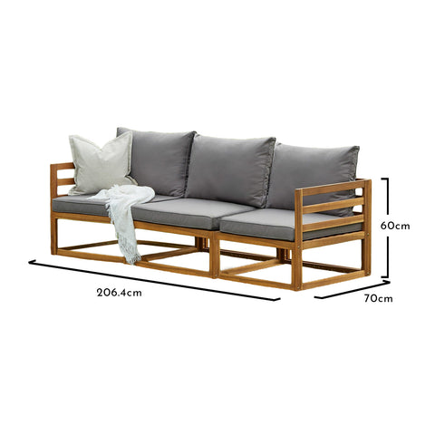 Conjunto de sofá de jardim Rowan de 3 lugares em madeira com apoio para os pés e guarda-sol premium cinza - VUSOLIFE