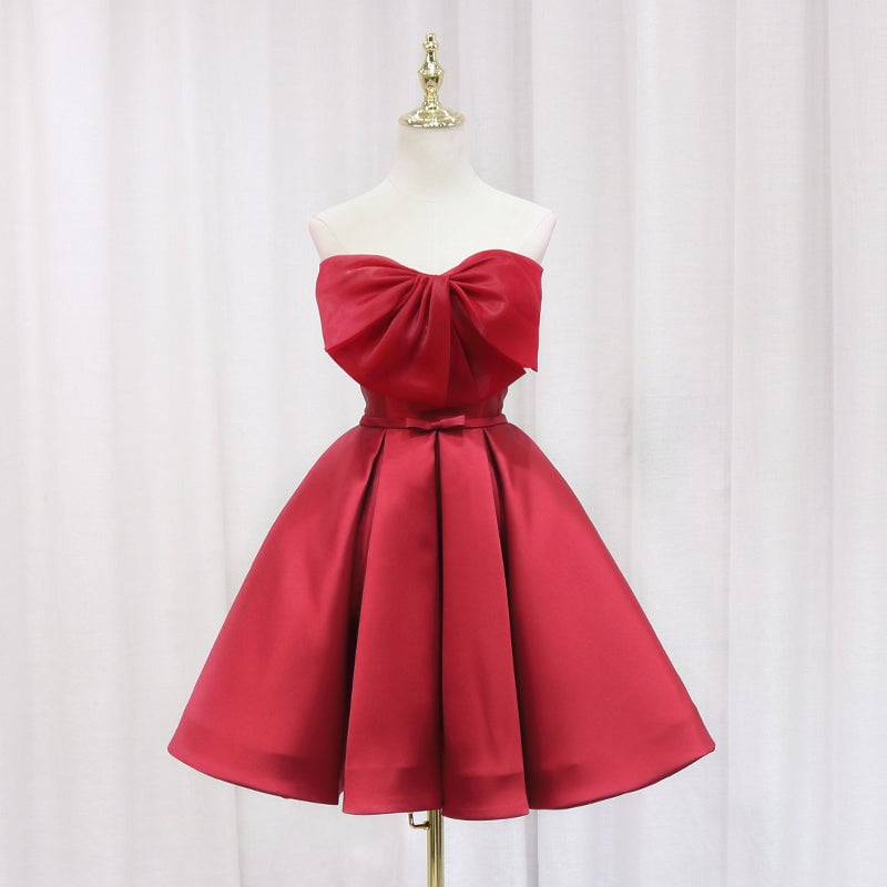 Big Bow Pleated Satin Homecoming Dress With Off Shoulder Big Bow Pleated Satin Homecoming Dress With Off Shoulder