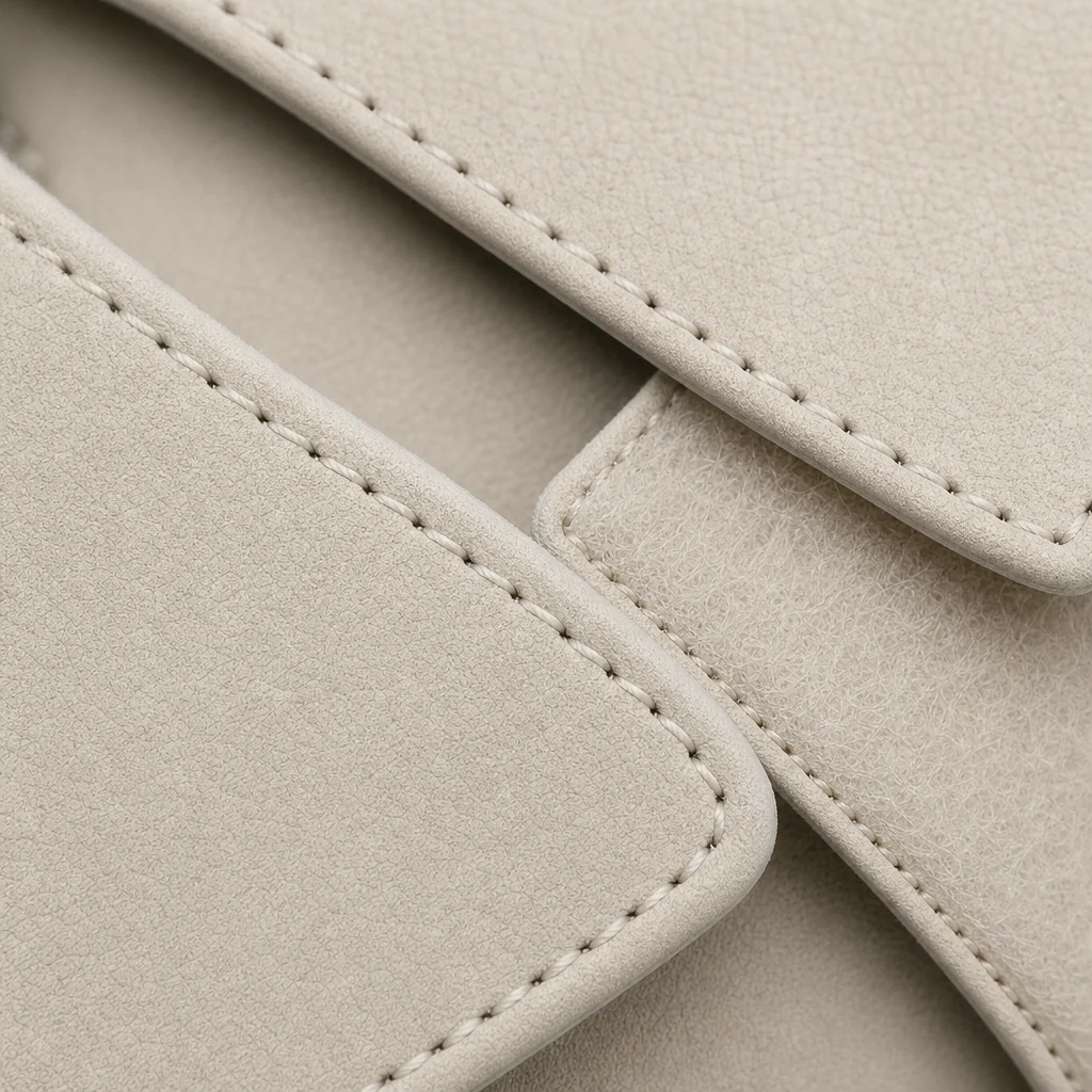 Extreme close-up of ivory strap texture stitching and hook-and-loop surface