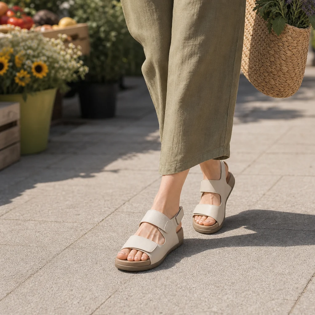 Ivory sandals on a sunny weekend market walk with cropped linen pants