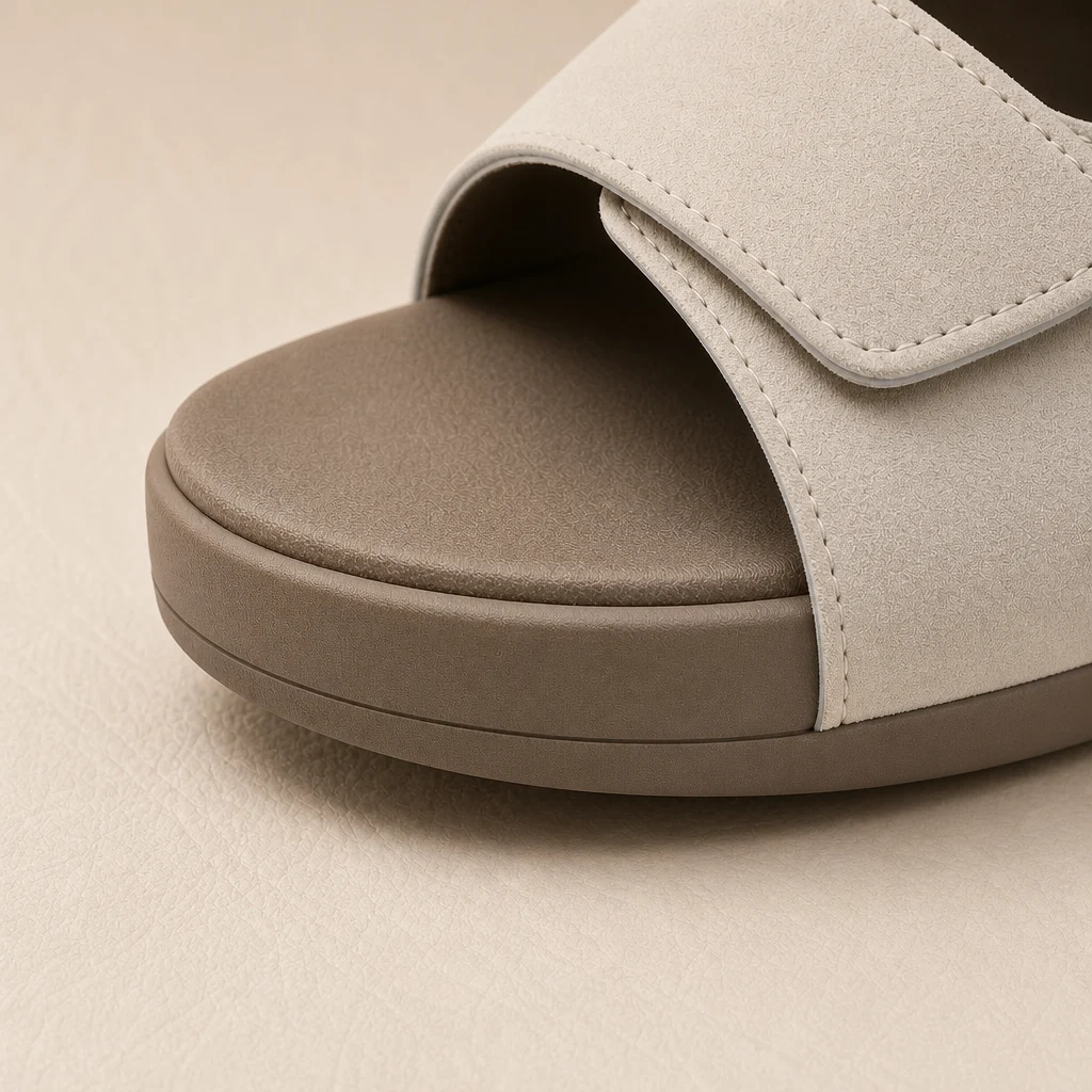 Close crop of platform sole thickness and rounded outsole edge on a warm neutral background