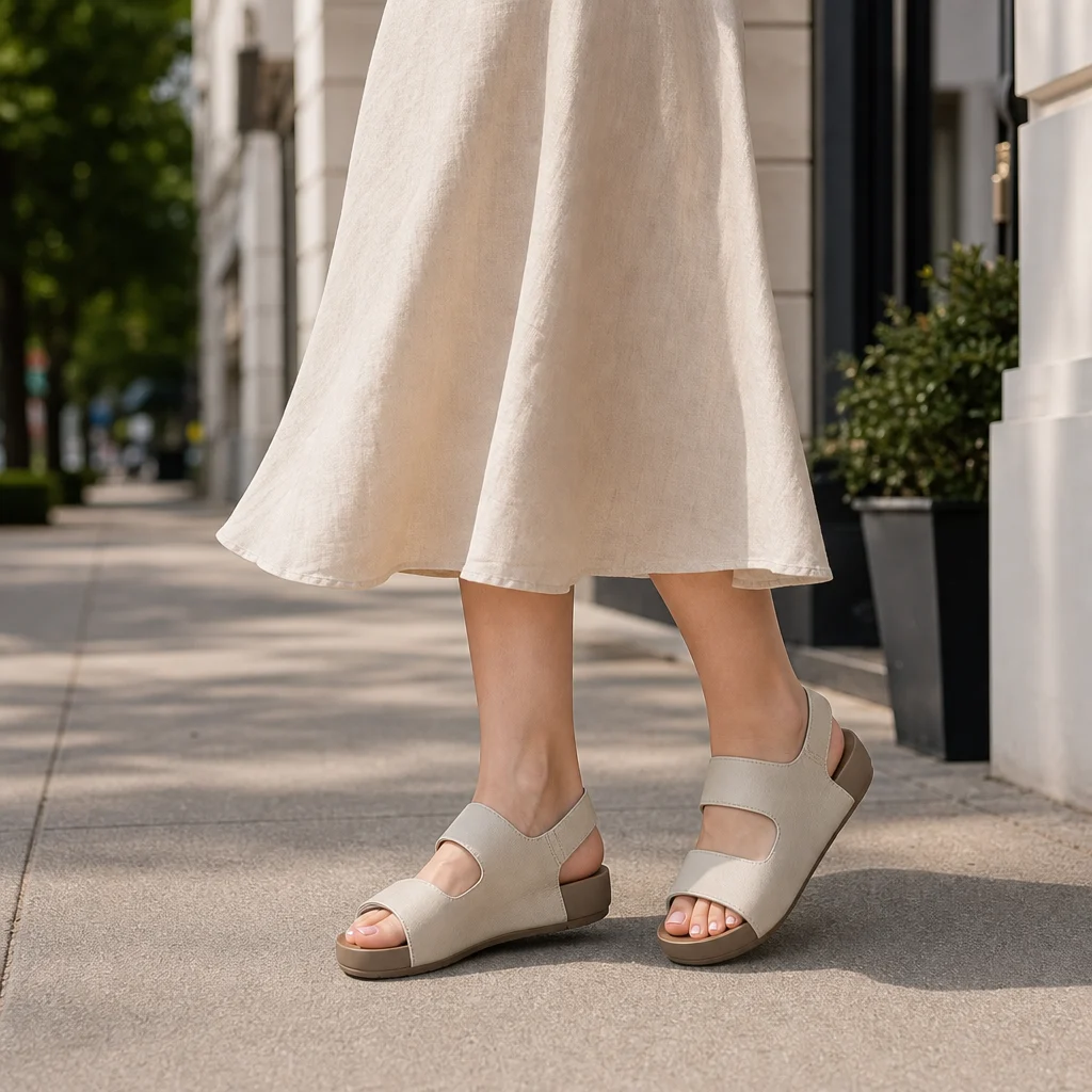 Ivory sandals styled with a cream skirt on a bright weekend sidewalk