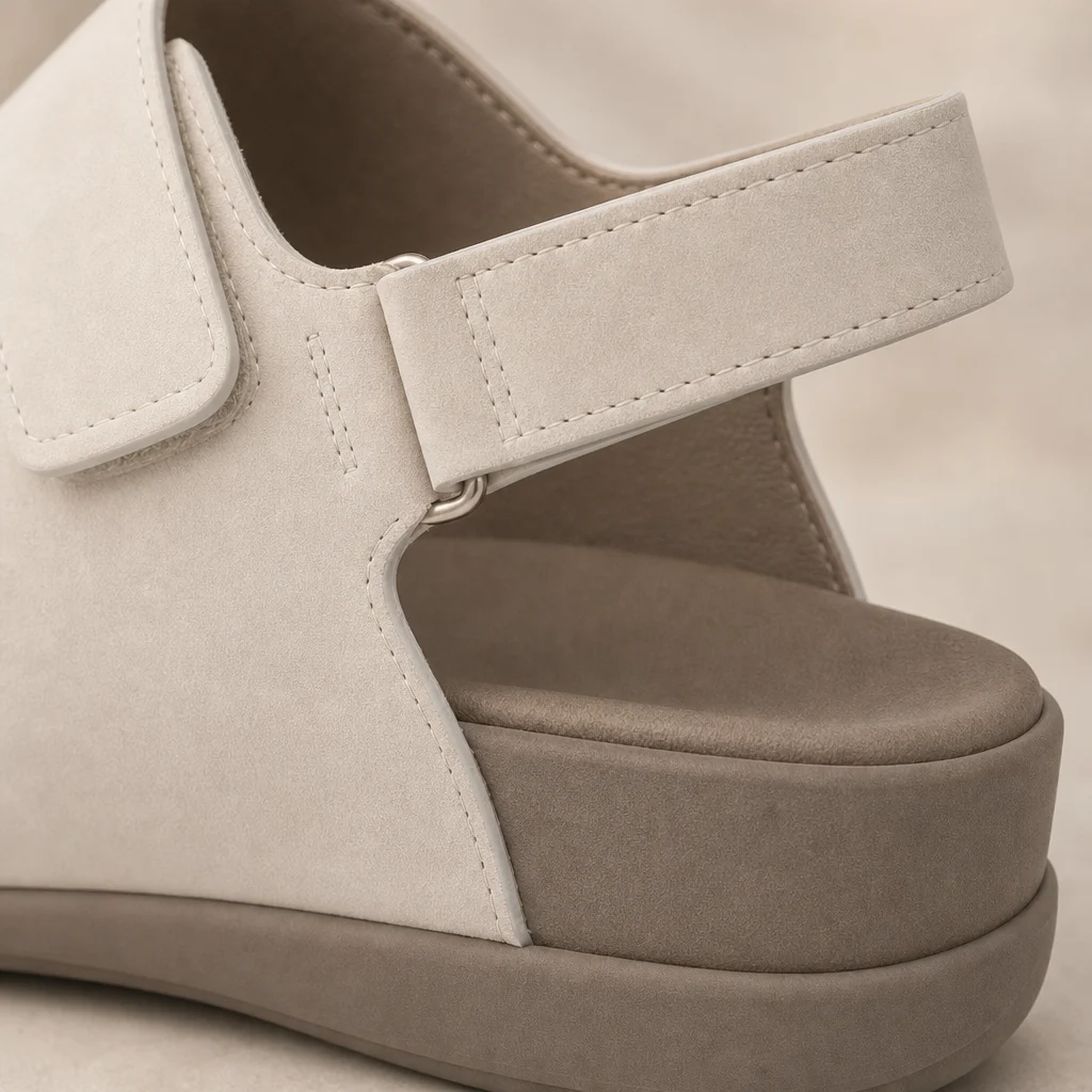 Close-up of the rear heel strap side cutout stitching and taupe platform support on a warm neutral background
