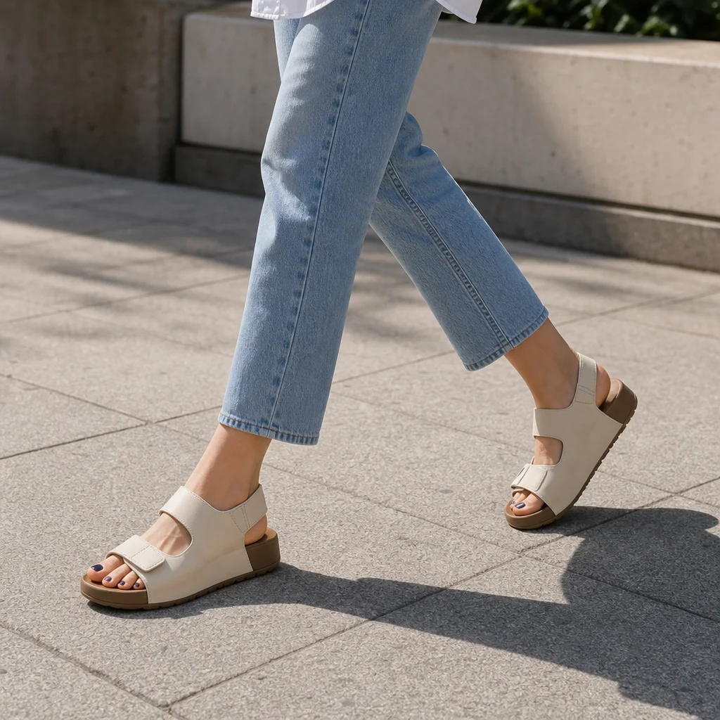 Ivory sandals styled with cropped jeans on a sunny city walk