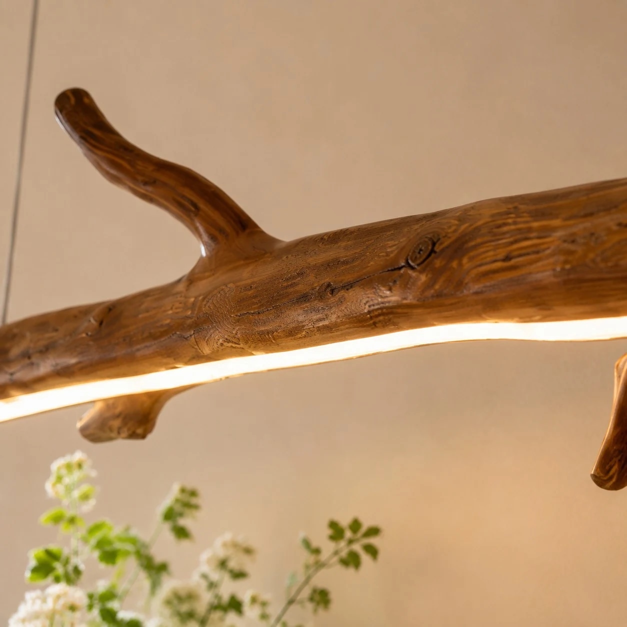 Close view of polished wood grain and warm underside light