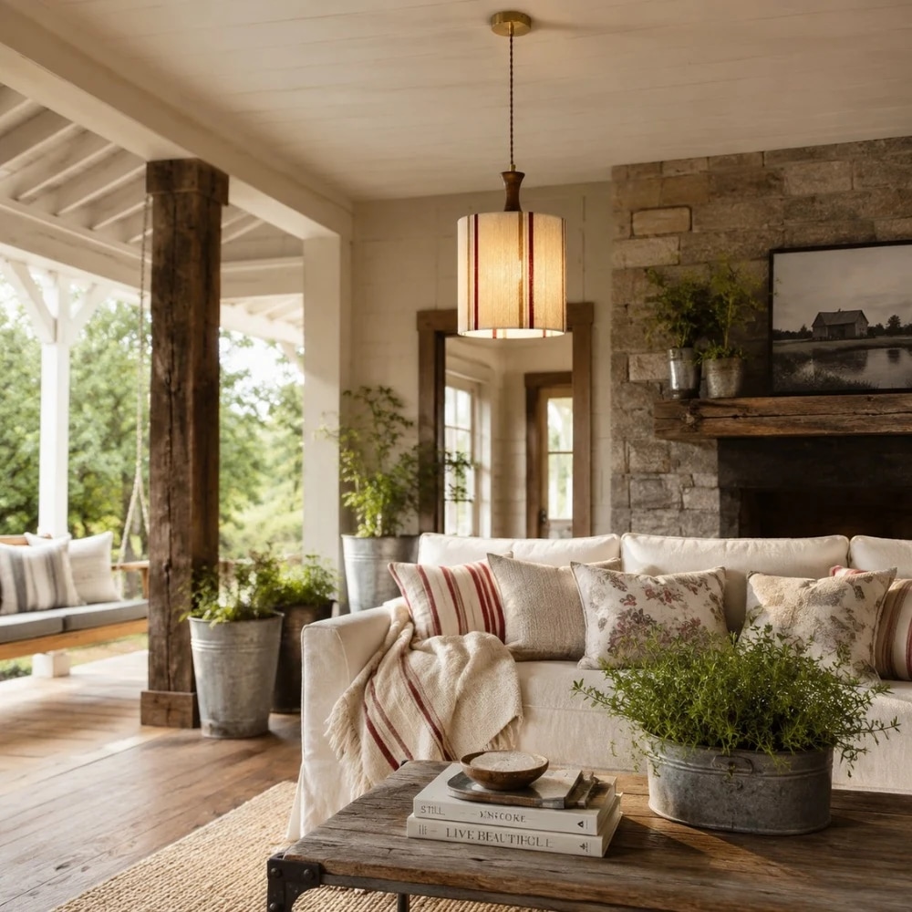 Walnut fabric pendant light installed in a warm living room