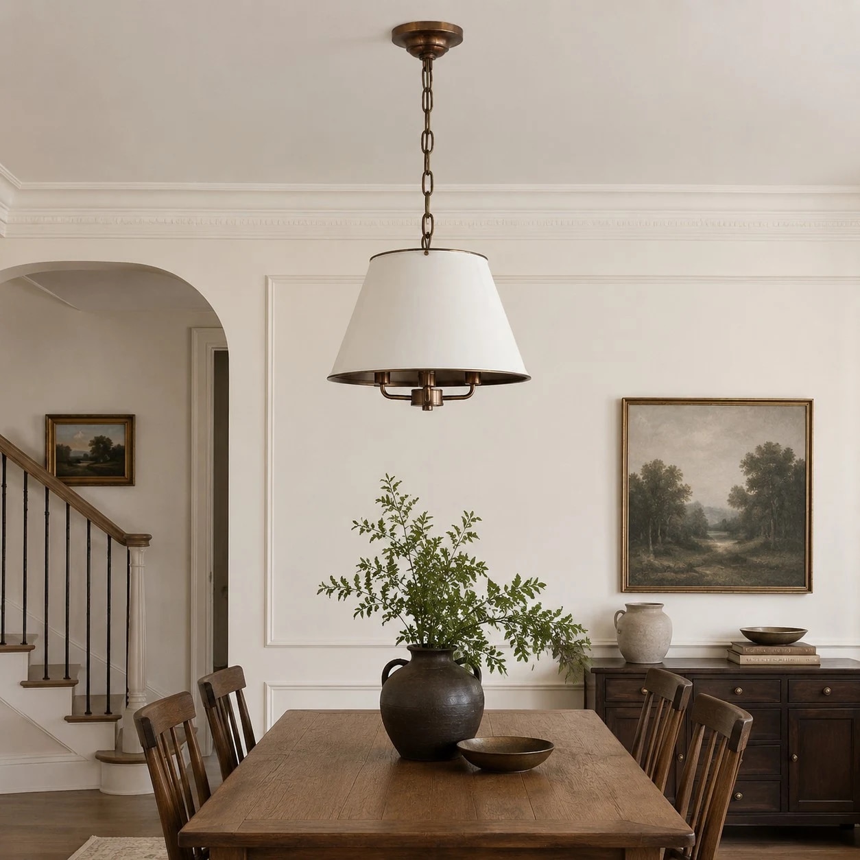Vintage brass pendant with white shade installed above a dining table