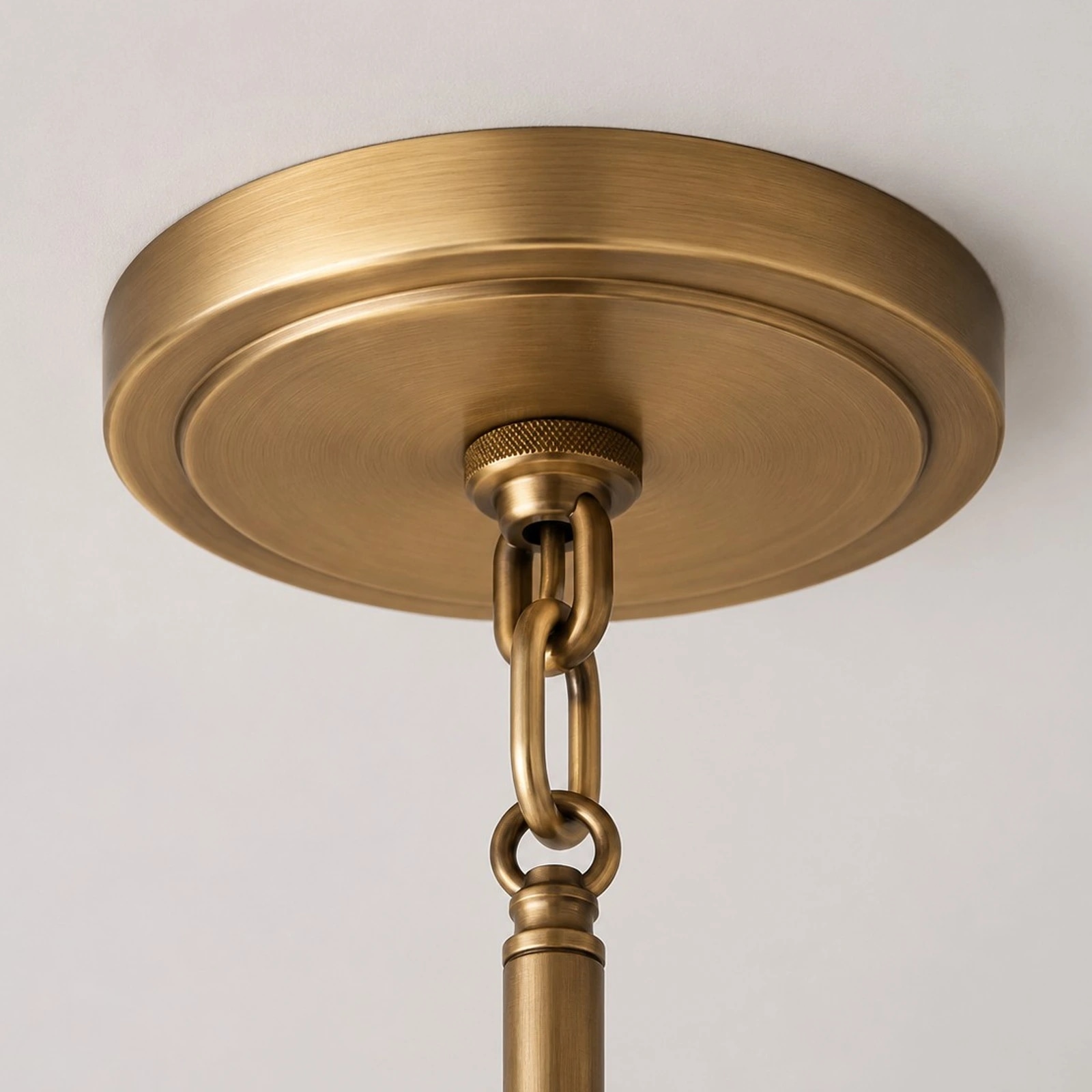 Close view of Dumora antique brass canopy and chain
