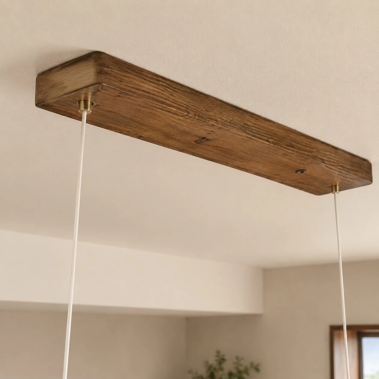 Wood ceiling canopy and suspended wire detail