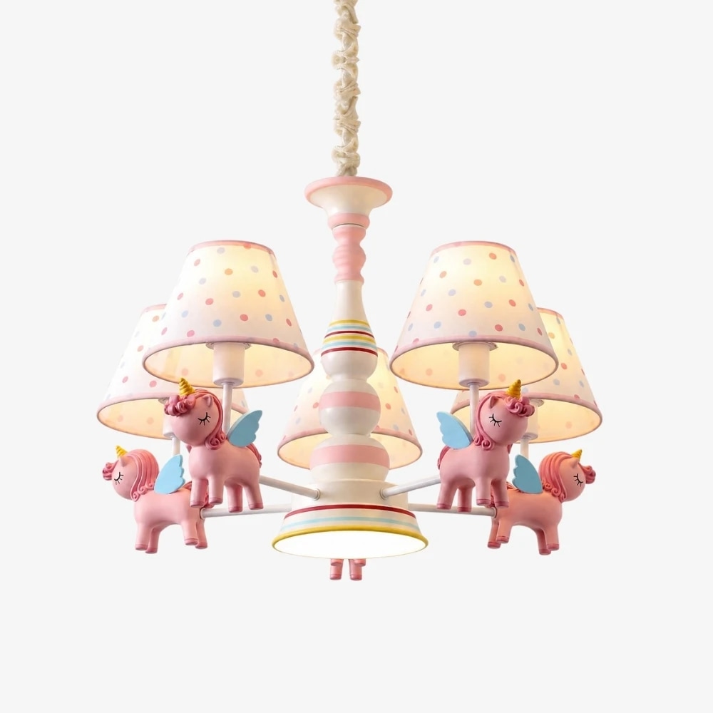 Pink kids room chandelier with five fabric shades