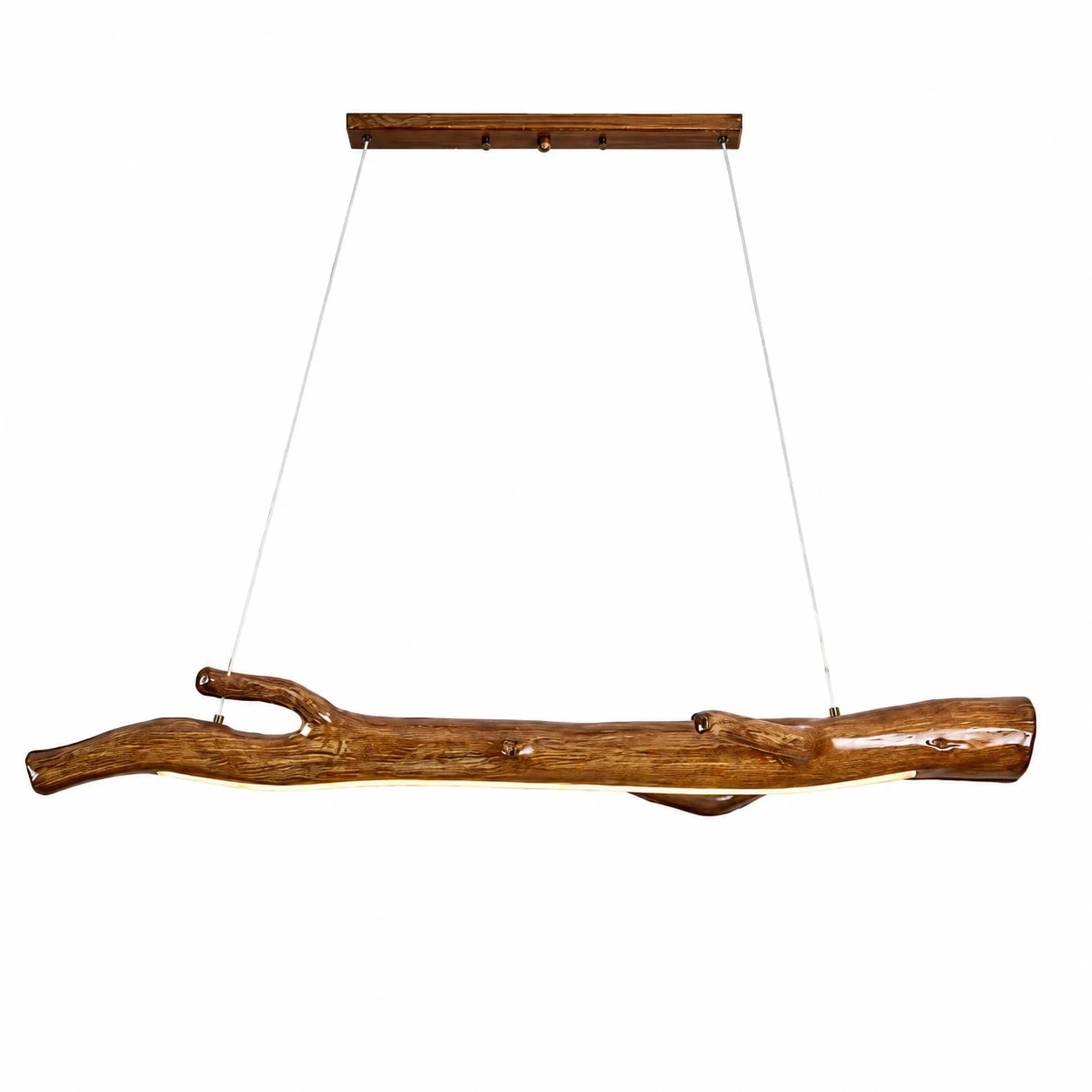 120 cm natural wood linear pendant light on white background