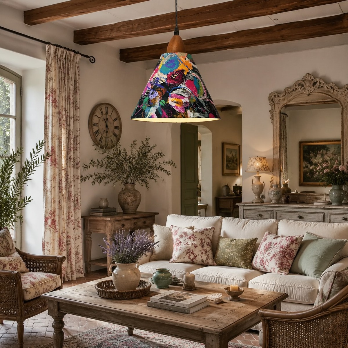 Fabric pendant light installed in a warm vintage living room