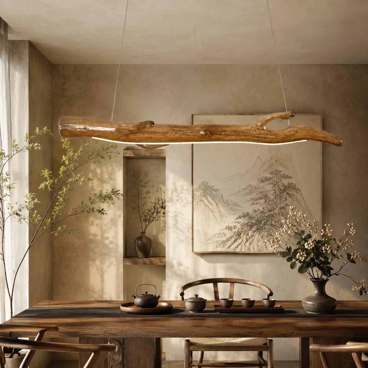 Natural wood pendant light above a zen tea room table