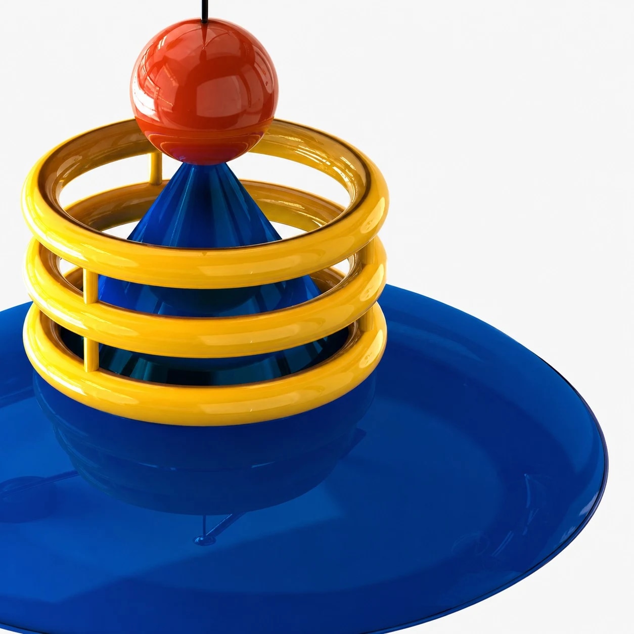 Blue and yellow metal pendant shade with red ball accent