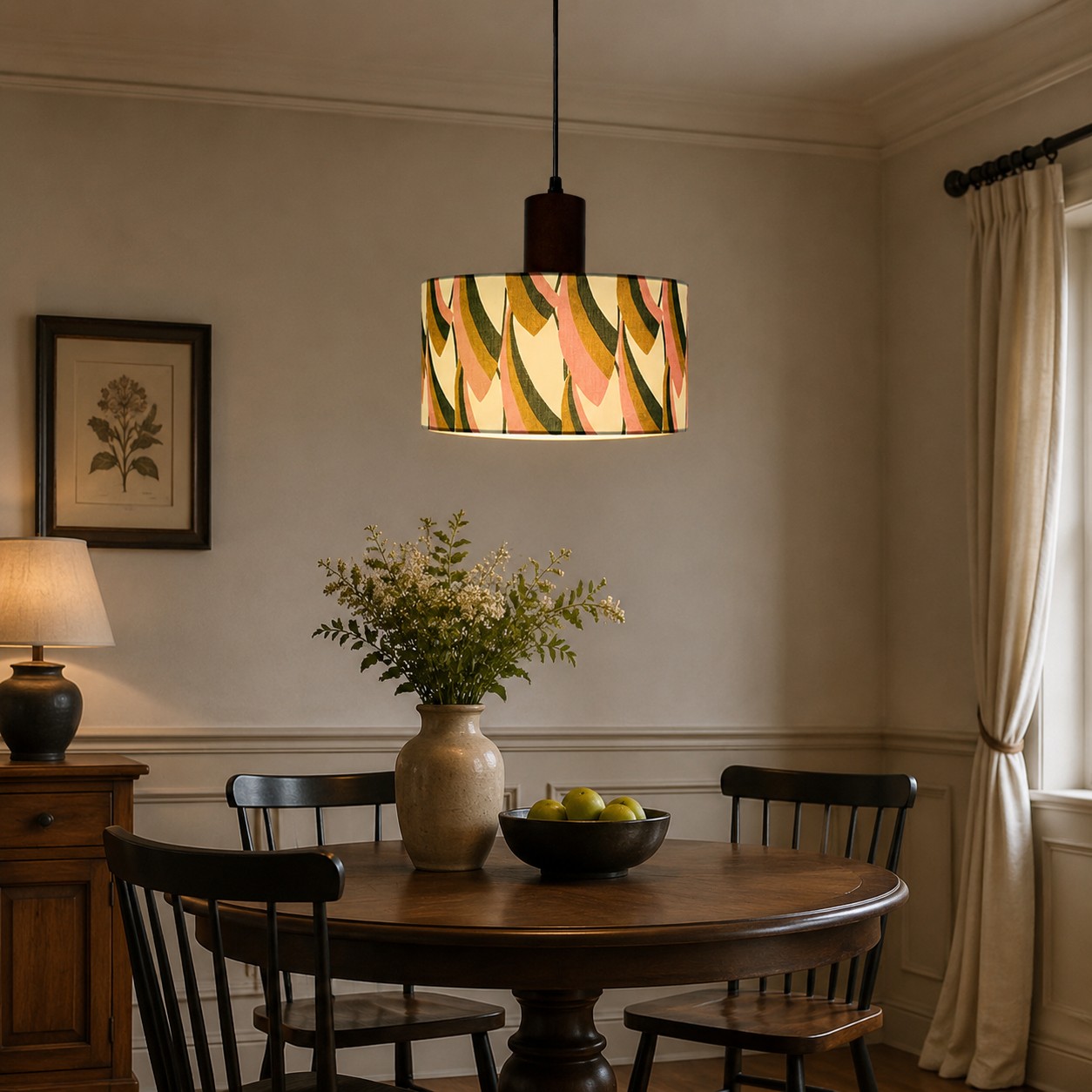 Fabric drum pendant light installed above a round dining table