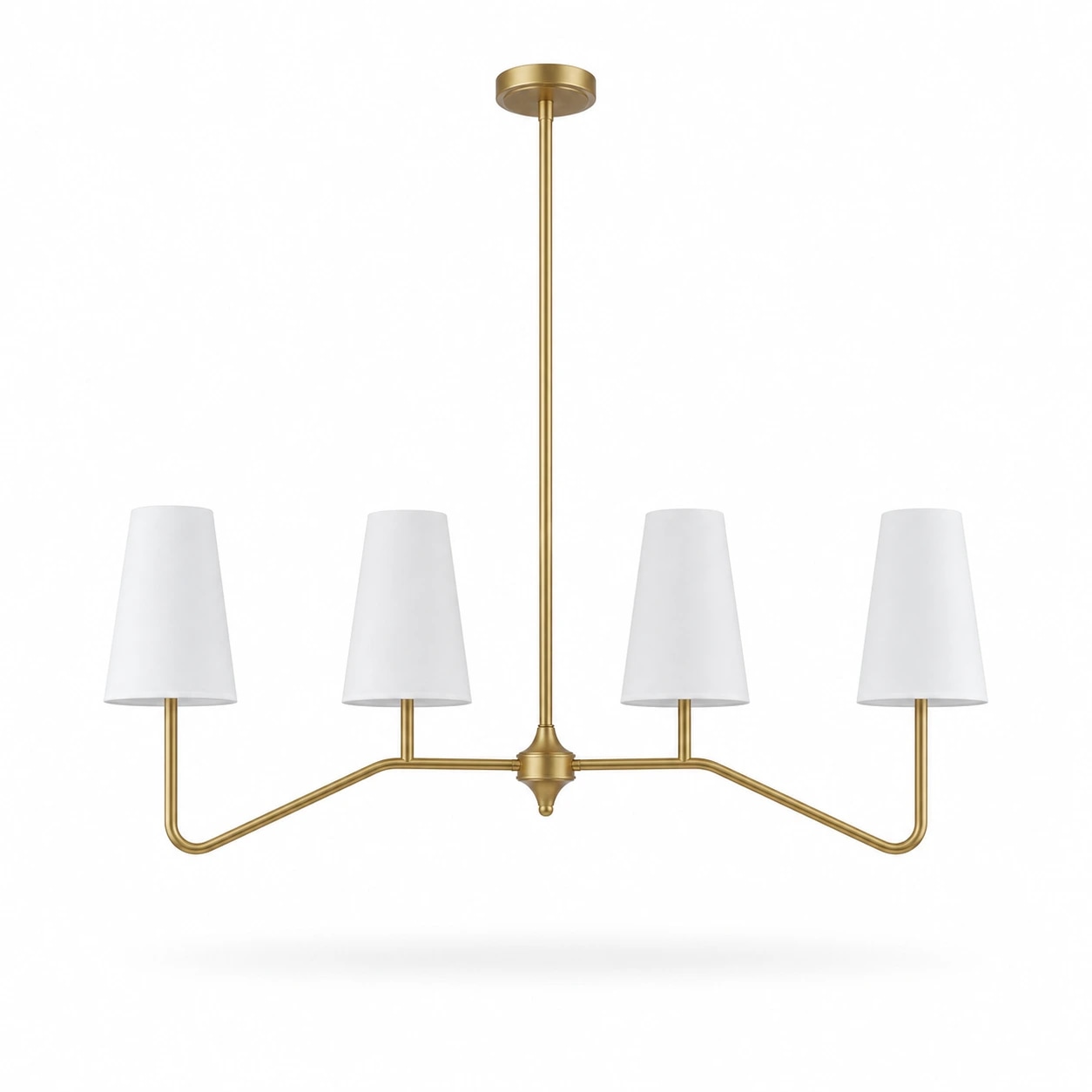 Strellux linear chandelier in brass finish with white shades