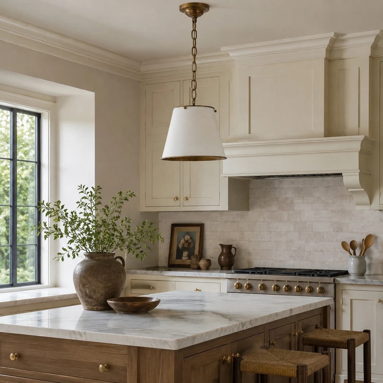 Brass pendant light installed above a kitchen island