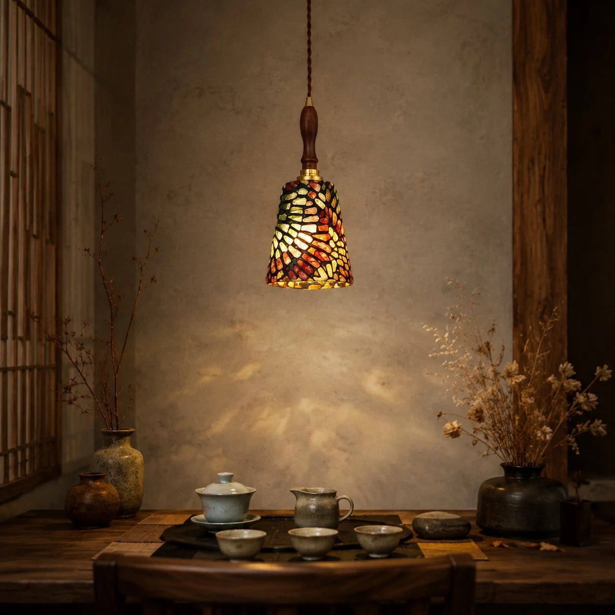 Fabric pendant light glowing above a small table