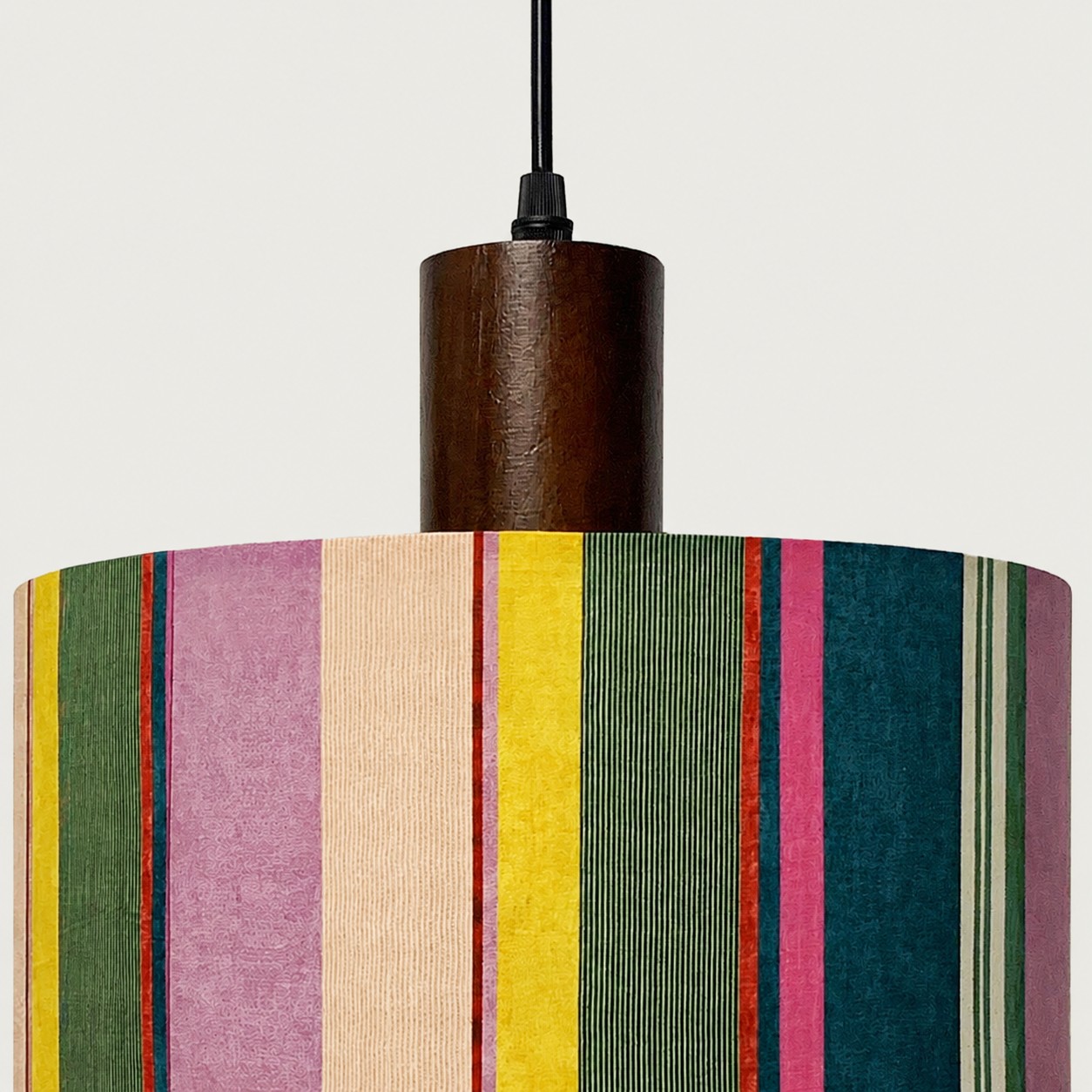 Ribbon stripe shade fabric and wood holder detail