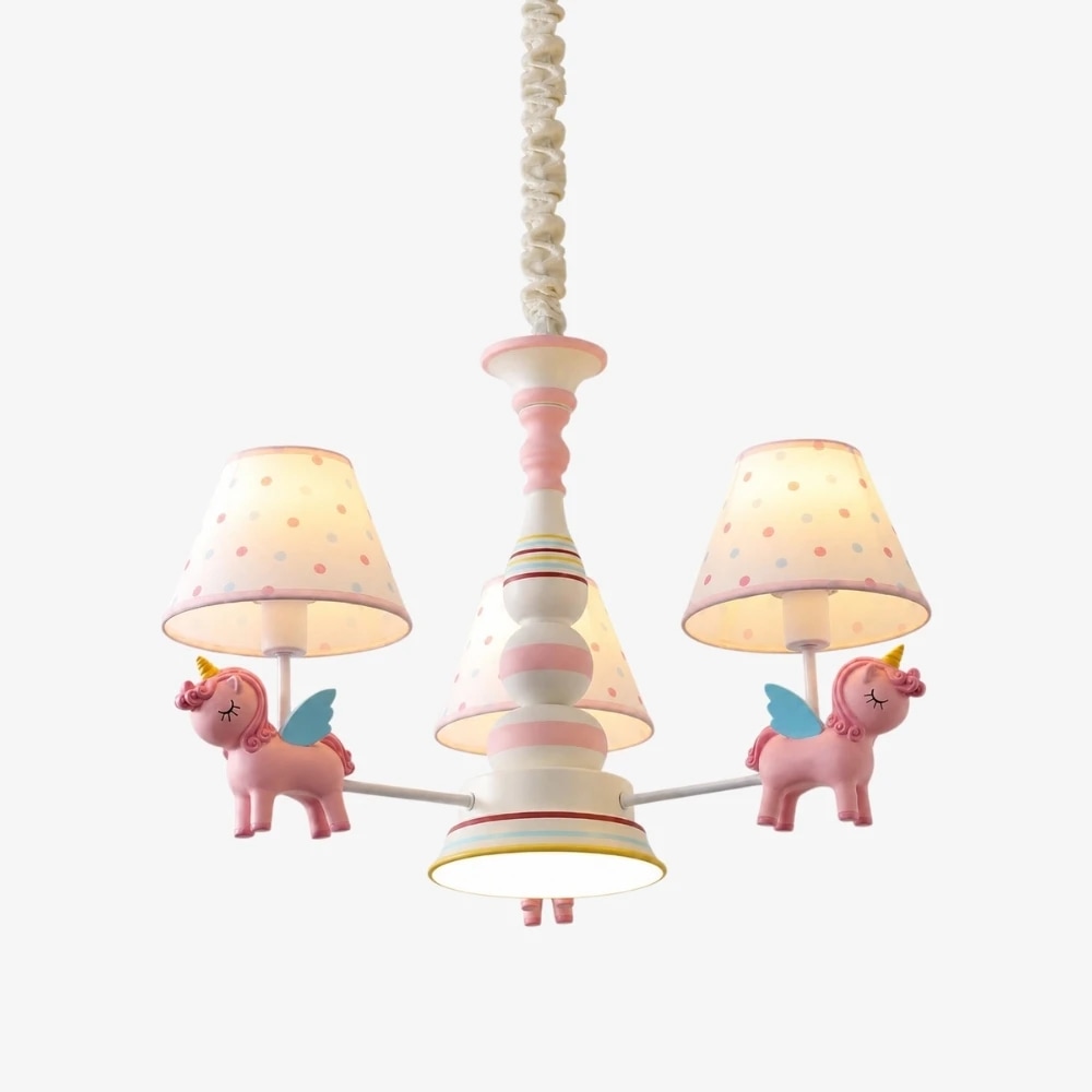 Pink kids room chandelier with three fabric shades