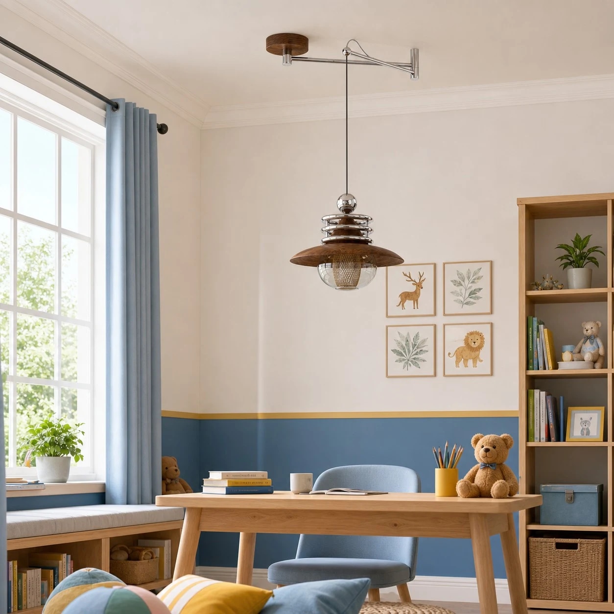 Brown metal pendant above a bright study desk