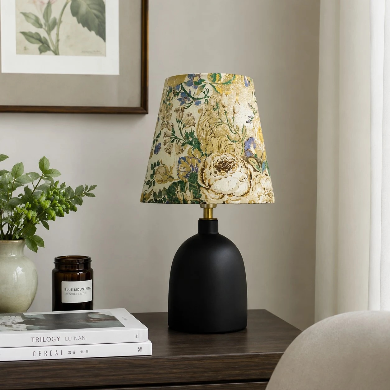 Floral table lamp styled on a bedside table