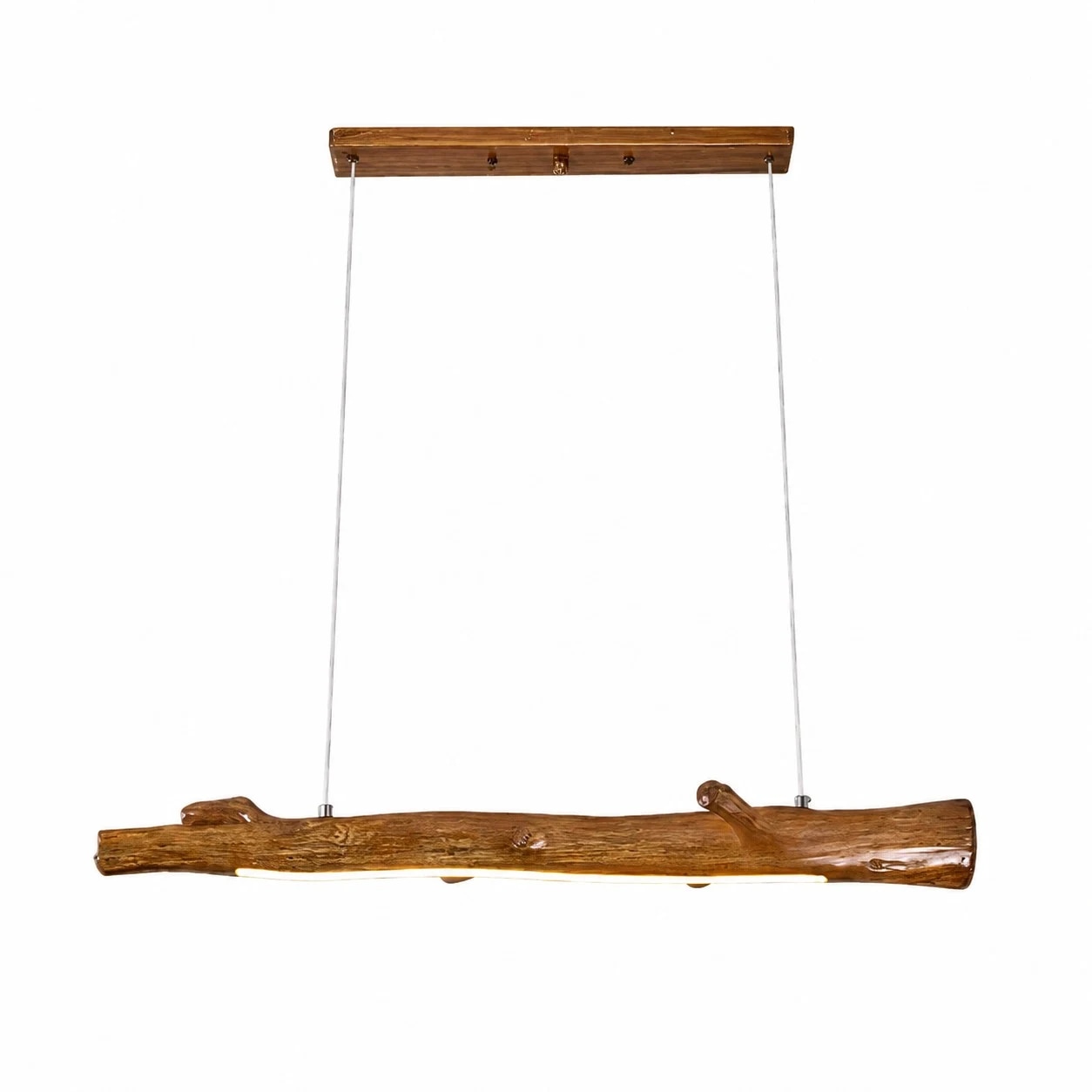 90 cm natural wood linear pendant light on white background