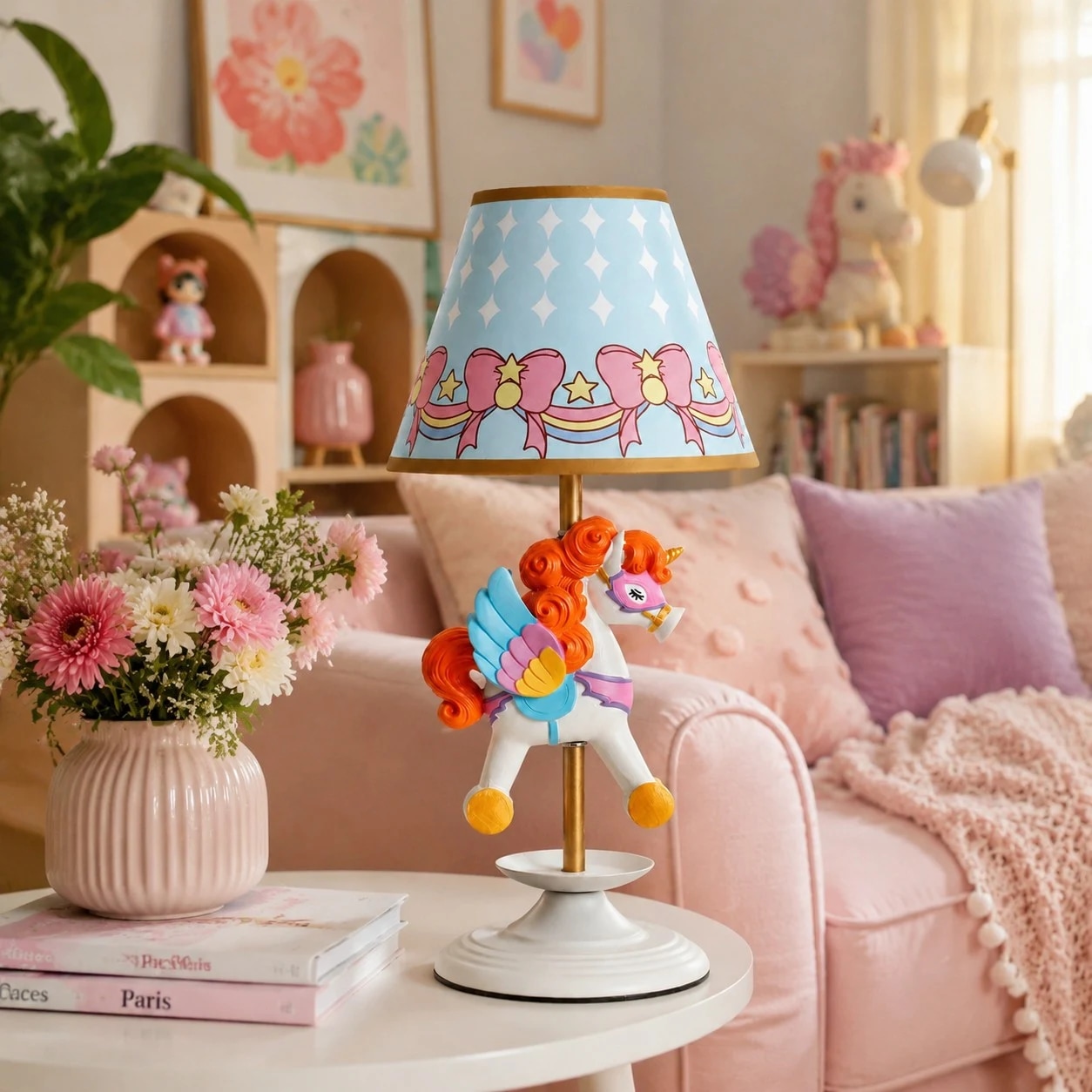 Carousel unicorn table lamp on a pink bedroom side table