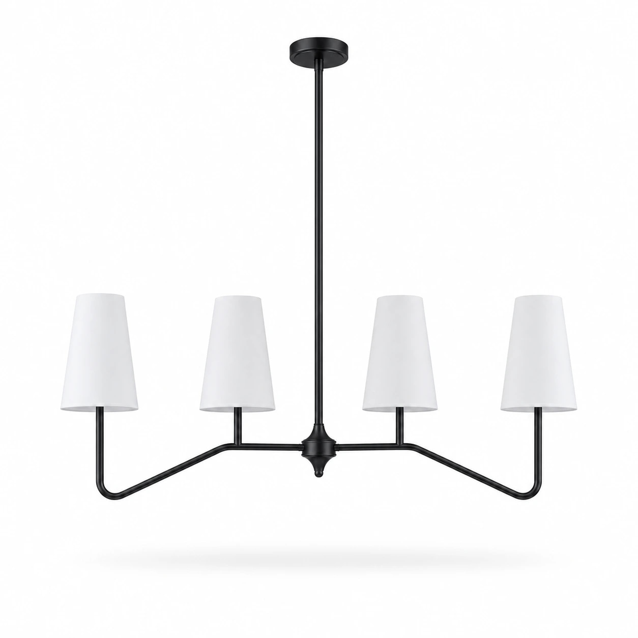 Strellux linear chandelier in black finish with white shades