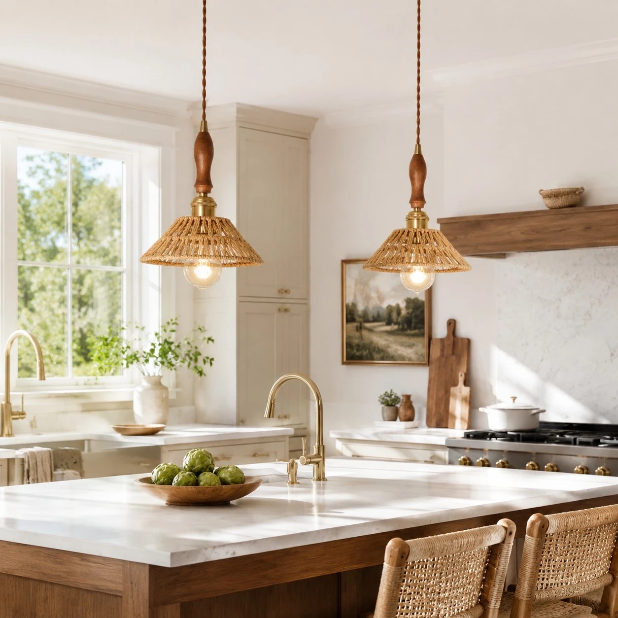 Walnut rattan pendant lights installed over a kitchen island