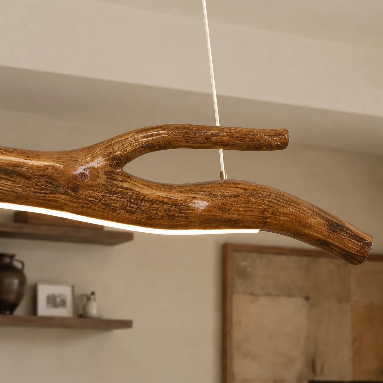 Close view of natural wood branch grain and LED strip