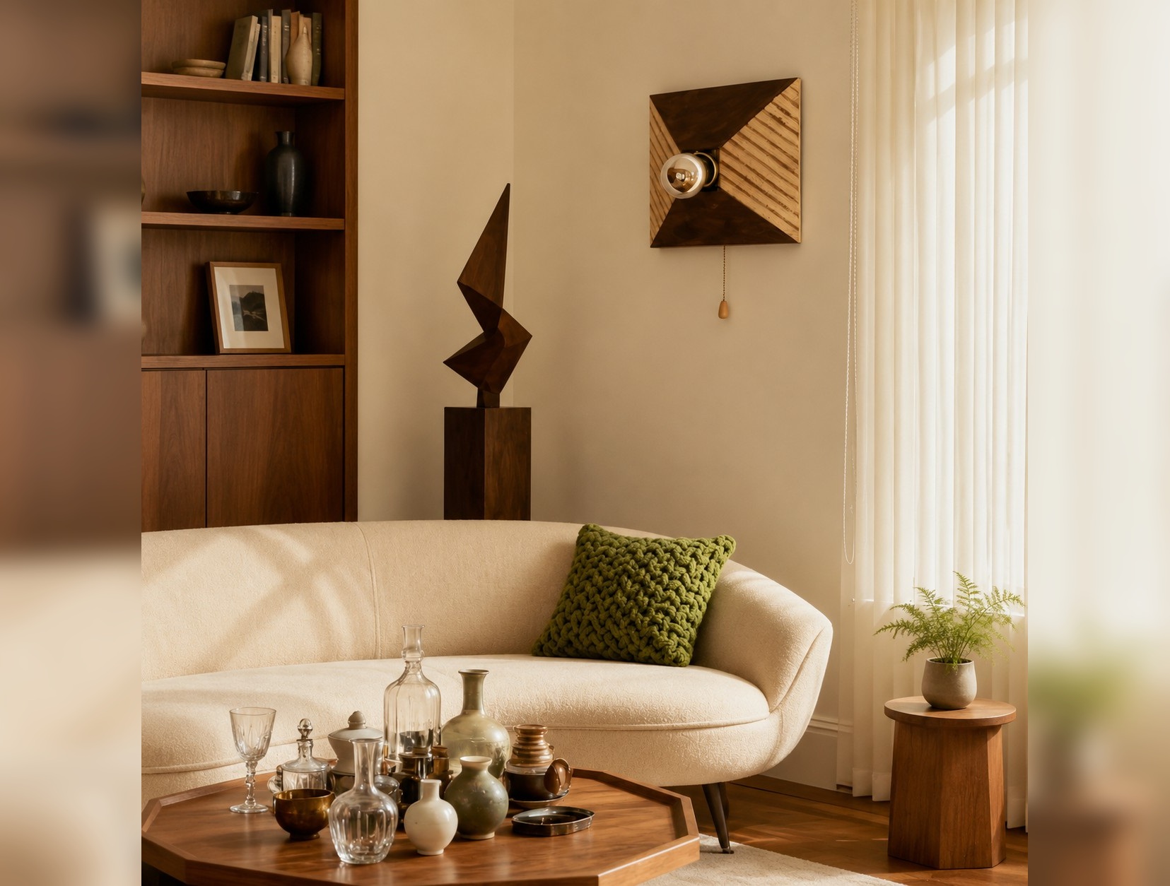 Geometric Resin Wall Light With Metal Pull Chain in room setting