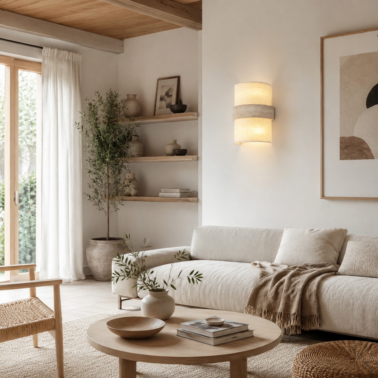Travertine fabric wall lamp in a warm living room