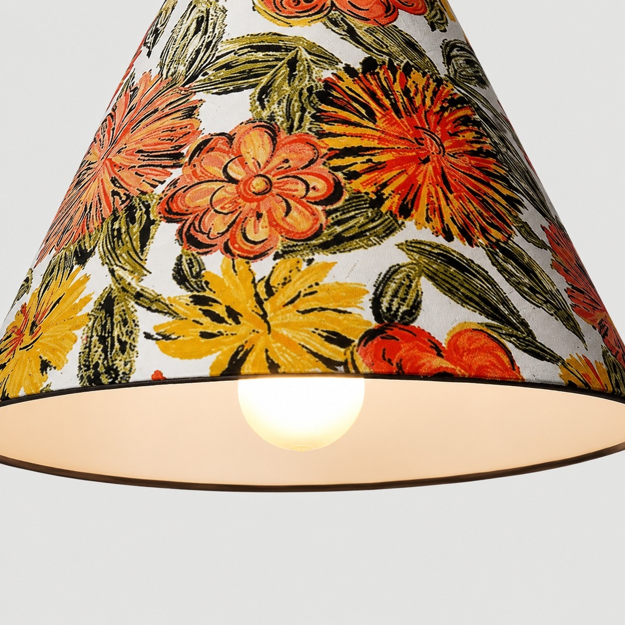 Profile detail of the conical fabric shade and wood cap