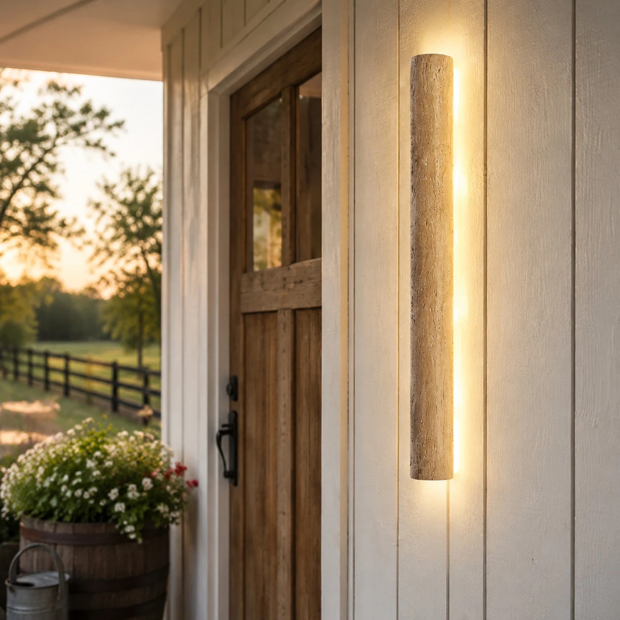 Outdoor entry wall with warm travertine LED wall light installed beside a door
