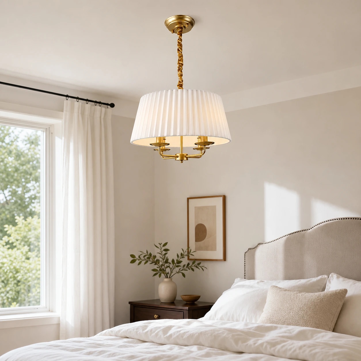Tela pleated shade chandelier in a refined bedroom setting