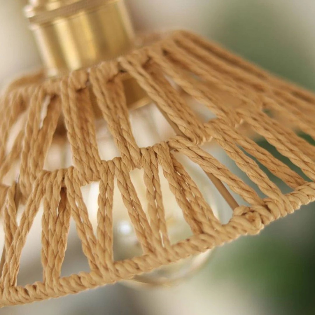 Close detail of the woven rattan pendant shade