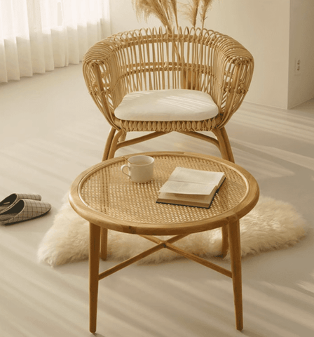 Alaginiyan Wooden Rattan Round Coffee Table