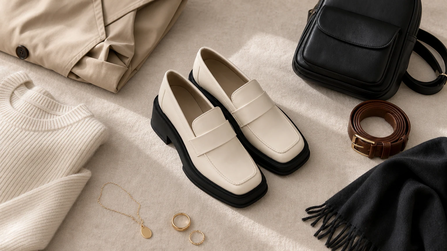 Mocassins elegantes, casuais e leves, com estilo em um cenário de roupas de trabalho clean