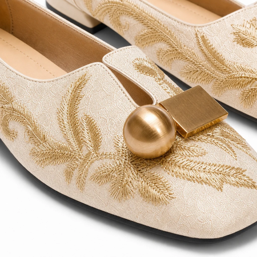 Close-up of floral embroidered loafer texture and decorative accent