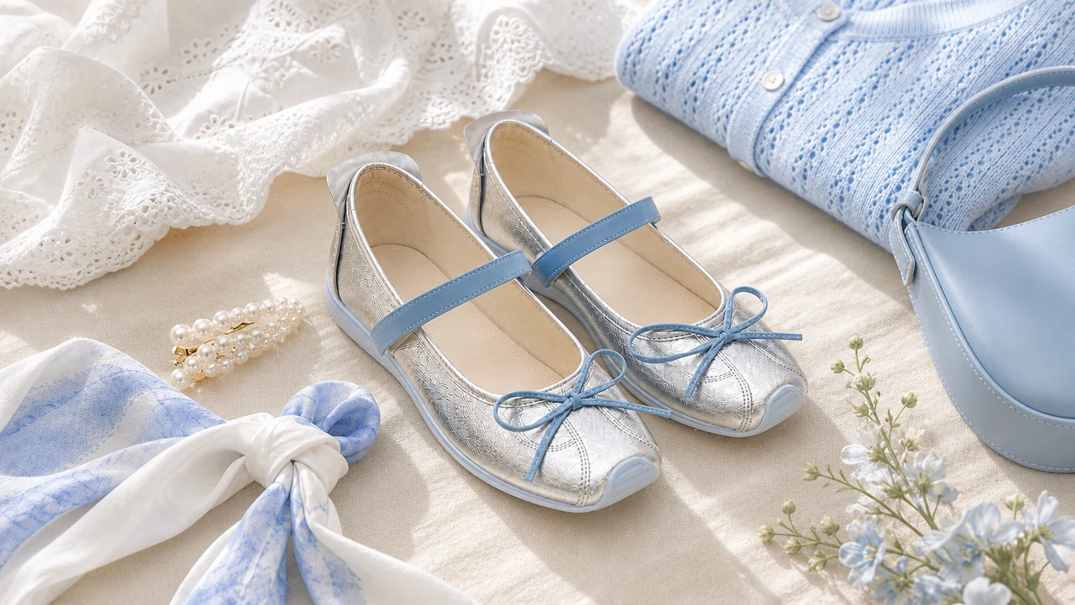 Sapatos de caminhada Mary Jane com detalhe de laço elegante em um cenário de estilo de vida suave