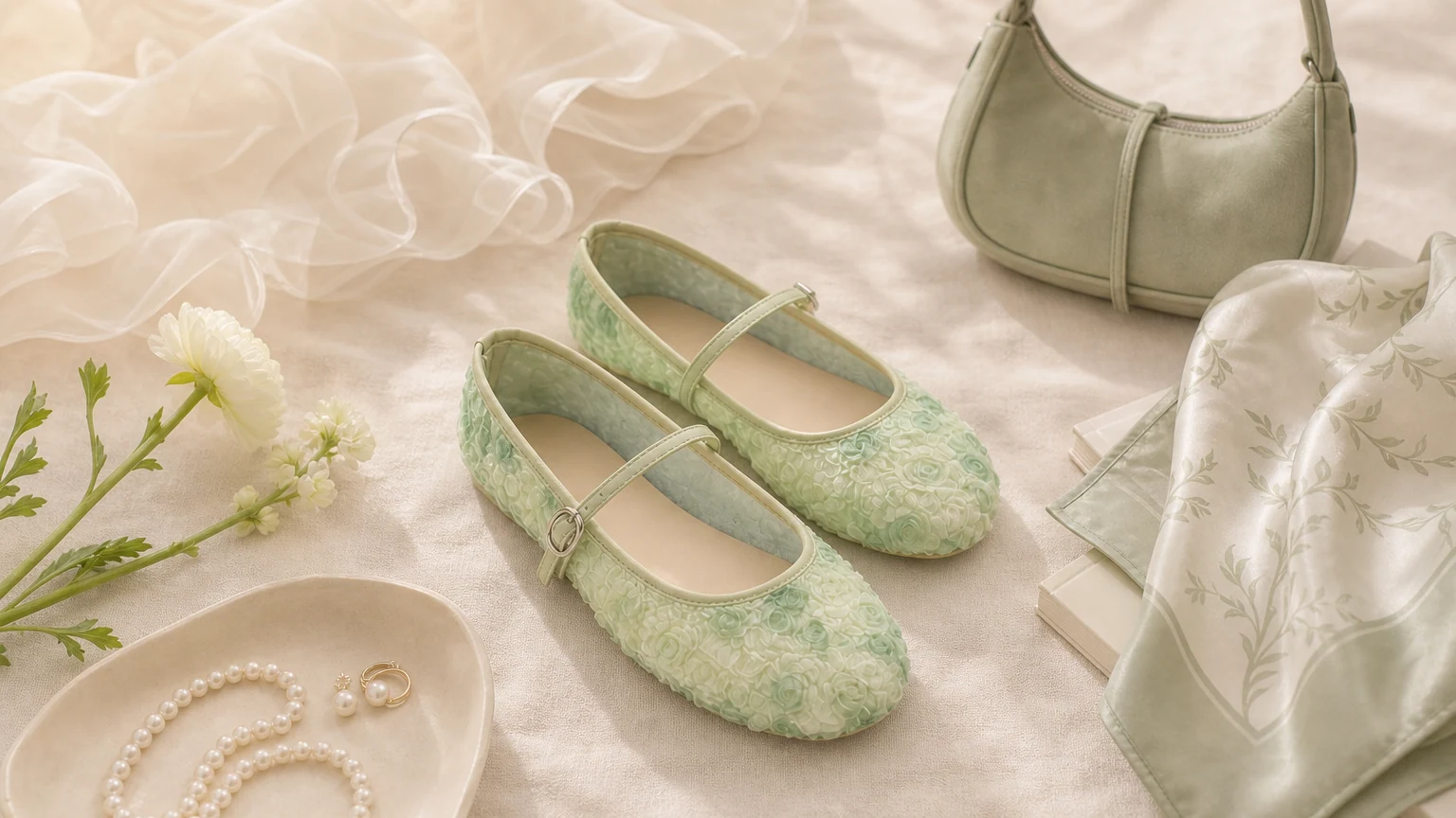 Texturerade blommiga Mary Jane-lägenheter utformade i en mjuk horisontell scen