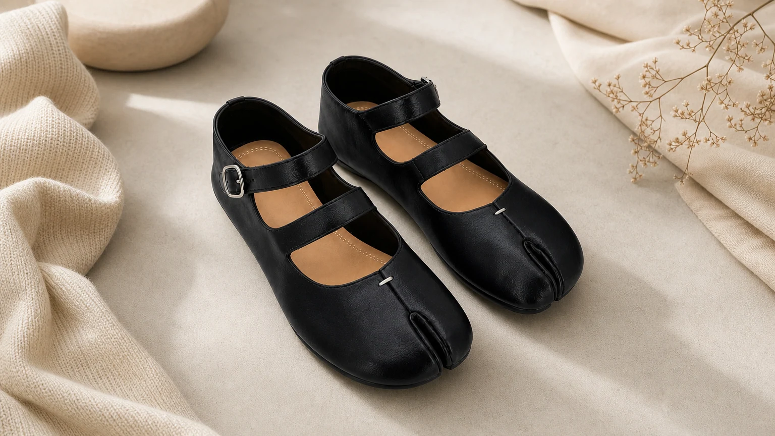 Ballerine Mary Jane nere con punta divisa in stile moderno orizzontale