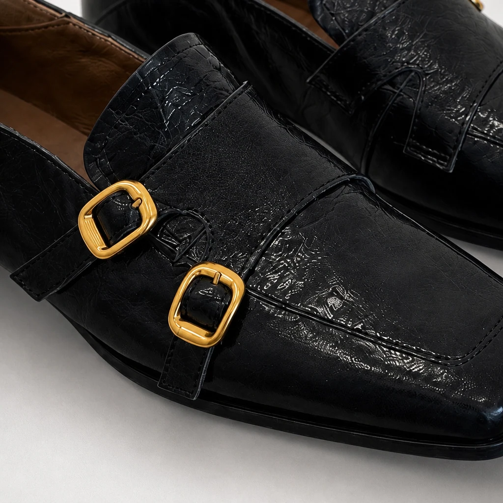 Dettaglio in primo piano della tomaia del mocassino nero, dei cinturini, del design della fibbia e della finitura lucida