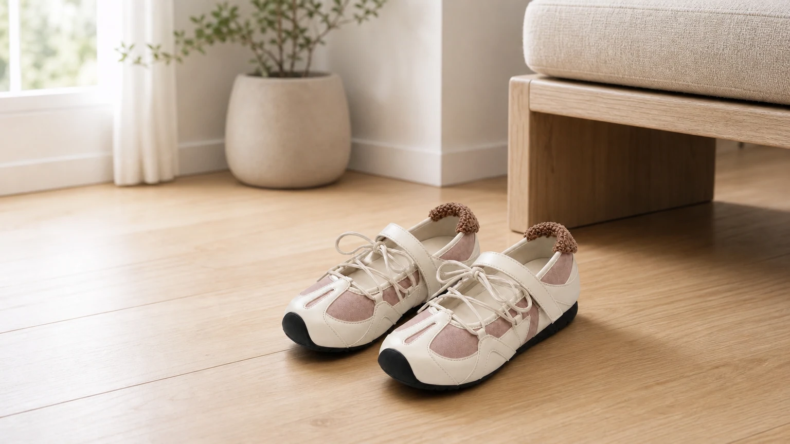 Sportieve damesballerina's gestyled in een horizontale streetwear-scene