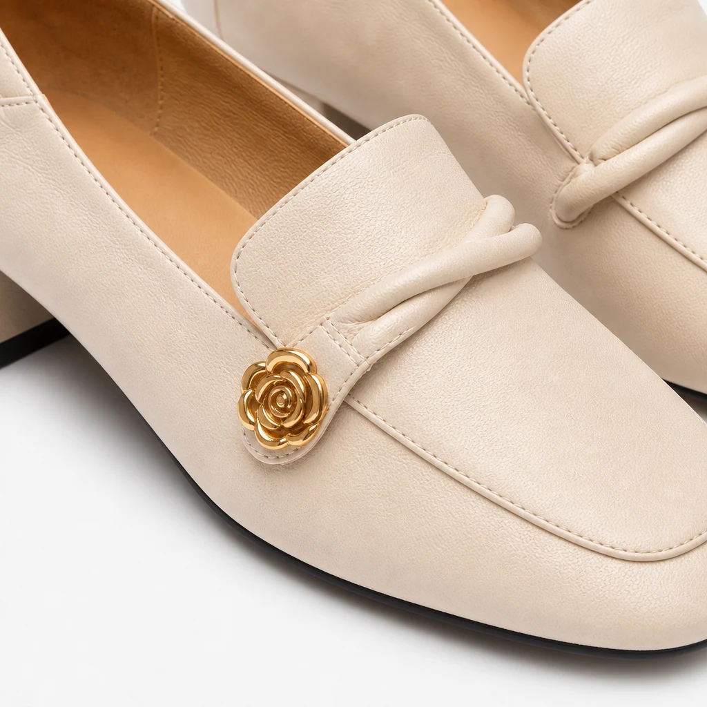 Close-up of the polished leather-look loafer texture and metal trim