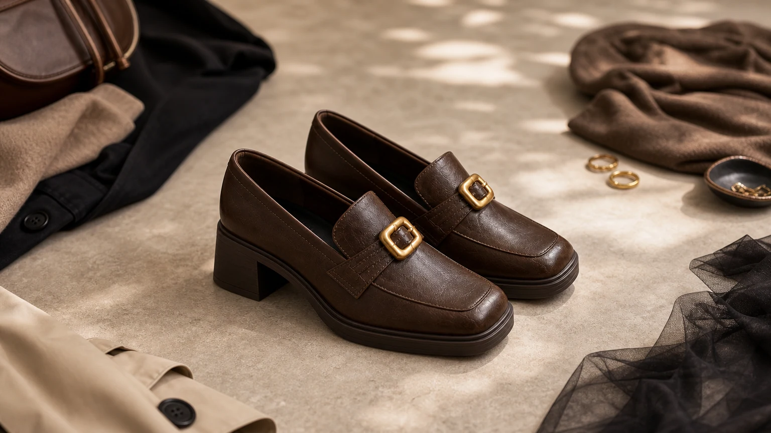Loafers med blockhäl som stödjer fyrkantig tå utformade i en raffinerad kontorsklar scen
