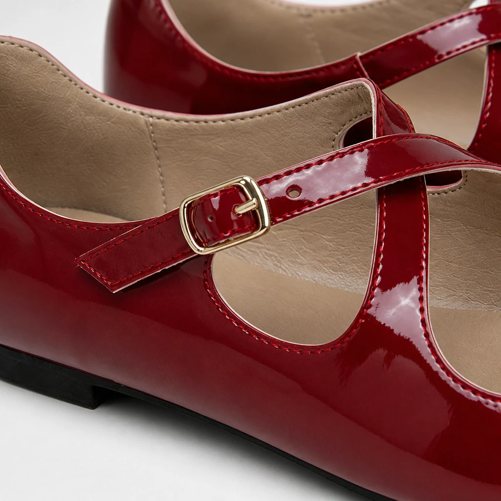 Close-up of glossy patent leather, strap, and buckle detail on Mary Jane flats
